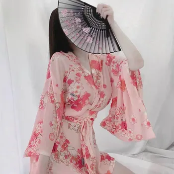Japāņu Kimono Drēbes Drukāt Anime Meitene Cosplay Lingrie Rozā Halloween Tērpi Sievietēm Seksīga Kalpone Vienotu Apģērbs Seksuālo Kleitas