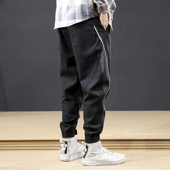 Japāņu Modes Vīriešu Džinsi Loose Fit Black Savienoti Dizainers Džinsa Kravas Bikses Plaša Kāju Joggers Harēma Bikses Hip Hop Džinsi Vīriešiem