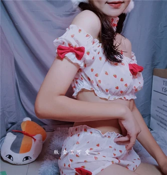 Japāņu Sexy Kawaiii Mežģīnes Priekšgala Zemeņu Īsām Piedurknēm Topi, Šorti Lolita Apakšveļa Sievietēm Naktsveļu Cute Pidžamas Komplekti