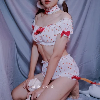 Japāņu Sexy Kawaiii Mežģīnes Priekšgala Zemeņu Īsām Piedurknēm Topi, Šorti Lolita Apakšveļa Sievietēm Naktsveļu Cute Pidžamas Komplekti