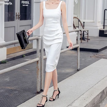 Jaunas ielidošanas modes Spageti Siksnas balta kleita sievietēm vasarā seksīgo temperamentu biroja dāma augstas kvalitātes elegants gudrs zīmulis kleita