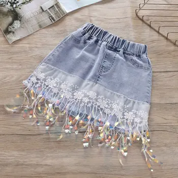 Jaunas Meiteņu Vasaras Apģērbu Komplekts Modes Karikatūra Izdrukāt Mežģīņu Tops + Džinsa Sequin Īsi Svārki 2gab Meitene Drēbes Jauno Gadu Kopa