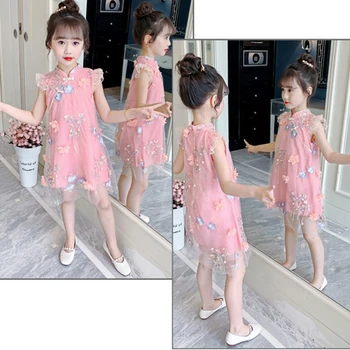 Jaunas Vasaras Meitenes Kleita Ķīniešu Stilā Modes Bērns Cheongsam Šifona Princese Kleita Baby Salds Bez Piedurknēm Kleita