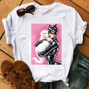 Jaunas Vasaras Sieviešu T Krekls Topi Catwoman un Kaķu T-krekls Modes Atdzist Tshirt Sieviešu Harajuku plāna Sadaļu, t-veida Apģērbu Femme