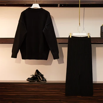 Jaunas Ziemas Korejas Modes Divus Datorus, Apģērbu Komplekts Džemperis Džemperis Melni Svārki Uzvalki 