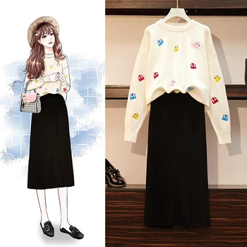 Jaunas Ziemas Korejas Modes Divus Datorus, Apģērbu Komplekts Džemperis Džemperis Melni Svārki Uzvalki 
