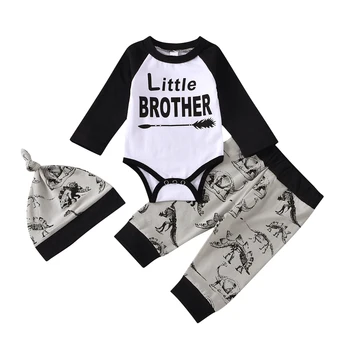 Jaundzimušais Zēns 0-12M Apģērbu Komplekts Baby Mazais Brālis ar garām Piedurknēm Romper Karikatūra Dinozauru Top + Garās Bikses + Cepure