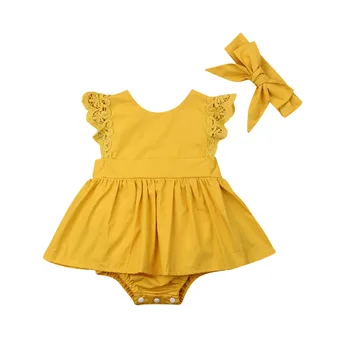 Jaundzimušais Zīdainis Toddler Meitenes Mežģīnes Bodysuits Kleita bez Piedurknēm Jumpsuit Galvu Apģērbs Bērnu Ikdienas Apģērbs no 0-24M