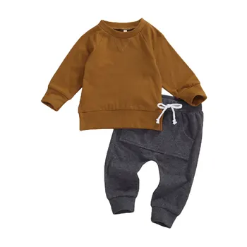 Jaundzimušiem Bērniem, Bērnu Zēniem 2gab Apģērbu Komplekts Zīdaiņu garām Piedurknēm pelēkā vārna Topi Kabatas Bikses Gadījuma Cietā Pavasara Rudens Tērpiem 2020 Jaunas