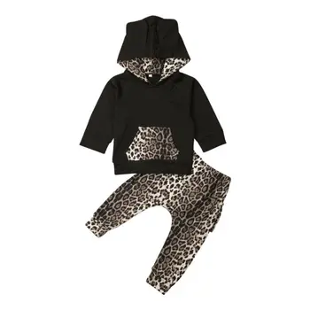 Jaundzimušo Puiku Kapuci Garām Piedurknēm Džemperis Leopards, Garās Zeķes Bikses Tērpiem Rudens Ziemas Apģērbu Komplekti