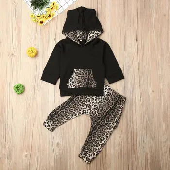 Jaundzimušo Puiku Kapuci Garām Piedurknēm Džemperis Leopards, Garās Zeķes Bikses Tērpiem Rudens Ziemas Apģērbu Komplekti