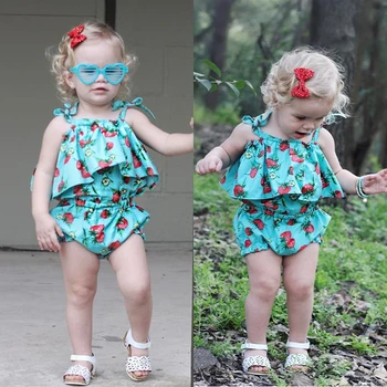 Jaundzimušo Romper Svārki Bērnu Kokvilnas Kombinezonus bez Piedurknēm Slīdēšanas Zemeņu Blue Print Jumpsuits Bērnu Modes Baby Meiteņu Apģērbs