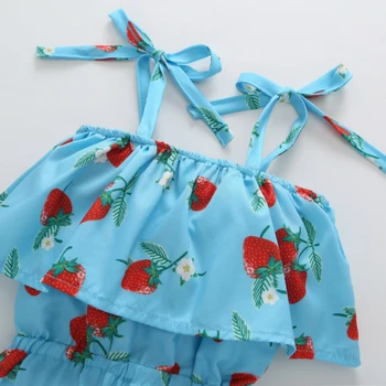 Jaundzimušo Romper Svārki Bērnu Kokvilnas Kombinezonus bez Piedurknēm Slīdēšanas Zemeņu Blue Print Jumpsuits Bērnu Modes Baby Meiteņu Apģērbs