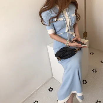 Jauno Modes korejas Eleganta Trikotāžas 2 Gabali Komplekti Hit Krāsu Vienotā Krūtīm, ar Īsām Piedurknēm O-veida kakla Topi un Augsto Vidukli, Ilgi Svārki