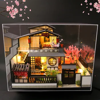 Jauns DIY Koka Māja, Japānas Stila Miniatūras Apkopot Leļļu Nams Komplekti Mini leļļu Namiņš ar Mēbelēm Precised Dizains Apdare