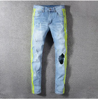 Jauns Vīriešu vīriešu gadījuma cilvēks, neona dzeltena krāsu līnijas raibs ripped džinsi Modes caurumi iznīcināta stiept džinsa bikses bikses