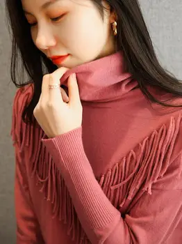 Jaunu cieto krāsu fringed spalvainu apkakli, trikotāžas džemperis sieviešu īsu punktā ikdienas valkāšanai savvaļas zemāko krekls