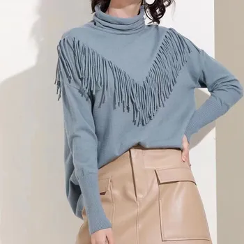 Jaunu cieto krāsu fringed spalvainu apkakli, trikotāžas džemperis sieviešu īsu punktā ikdienas valkāšanai savvaļas zemāko krekls