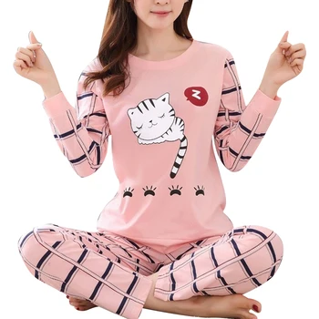 Jaunu Pidžamas Komplekts Ziemas Cute Karikatūra Kaķis Drukāt Pidžamas Komplekts Sievietēm Divu gabalu garām Piedurknēm Sleepwear Elpojošs Mīksta, Apaļa Kakla Komplekts