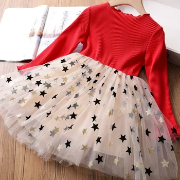 Jaunā Gada Dāvana Rudens Ziemas New Baby Meiteņu Drēbes Zvaigžņu Drukas Dizains Ar Garām Piedurknēm Princese Meitenes Gadījuma Mesh Dress 3-8 Gadiem