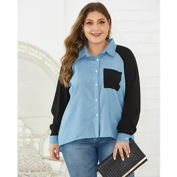Jaunā pavasara rudens plus lieluma galotnēm sievietēm lielu blūze ar garām piedurknēm gadījuma zaudēt zilās džinsa kabatas, atloks, krekls 4XL 5XL 6XL 7XL