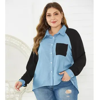 Jaunā pavasara rudens plus lieluma galotnēm sievietēm lielu blūze ar garām piedurknēm gadījuma zaudēt zilās džinsa kabatas, atloks, krekls 4XL 5XL 6XL 7XL