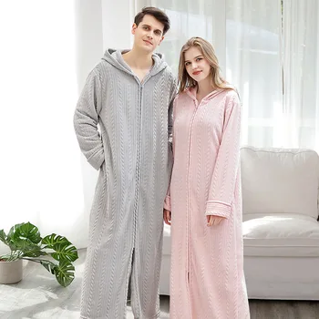 Kapuci Flaneļa Naktskrekls Peldmētelis Sievietēm Rāvējslēdzēju Viens Gabals Mājas apstākļos Pagarināt Siltu Pidžamu Vīriešu Apģērbu, Pāris Drēbes Komplekti sleepwear
