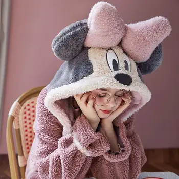 Karikatūra Mickey Mouse Pidžamu Sieviešu Kapuci Naktskrekls Plīša Coral Fleece Sleepwear Rudens Ziemas Mājas Drēbes Sabiezēt Pijama