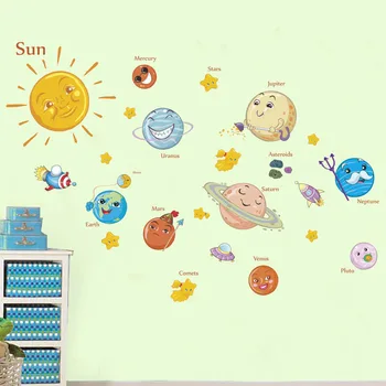 Karikatūra Saule, Planēta NLO Kosmosā, Sienas Uzlīmes, lai Bērns Kids Guļamistaba Dekors Dzīvojamā Istaba Dekori Sienas Uzlīmes Māja Apdare