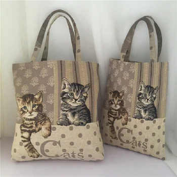 Kaķu uzskaites lina soma viena pleca soma, kokvilnas, kaņepju iepirkumu grozs karikatūra audekls maiss