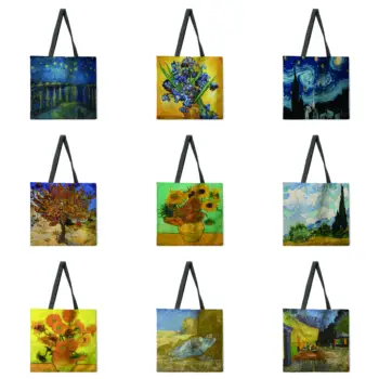 Klasiskās eļļas glezniecības iespiesti tote soma lina auduma gadījuma tote soma salokāma iepirkumu soma atkārtoti pludmales soma, dāmu pleca soma