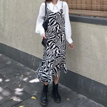 Kleita Womens Zebra Harajuku Ruffles Spageti Siksna Vaļīga korejiešu Stilā Maxi Eleganta Dāma, Gadījuma Visu maču Femme lielās Ielas Šiks