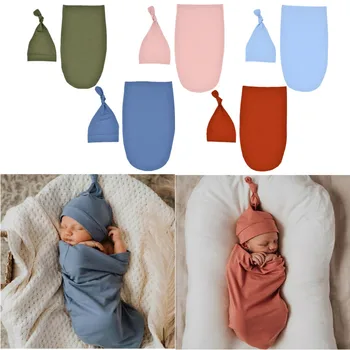 KLV 0-3 Mēnesi Jaundzimušo Bērnu guļammaiss tīrtoņa Krāsu Swaddle Segu Gulēšanai Swaddle Muslīnu Wrap+Cepure 2gab Jauno Dzimis Komplekts