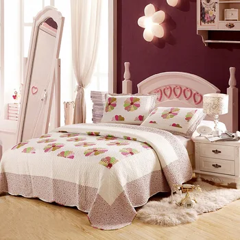 Kokvilnas Rozā Ziedu Pārklājs Pleds Lupatu Segas Pārklājs Quilte set Queen izmēra 3pcs Bed cover set Spilvens shams