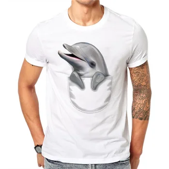Kokvilnas Vasaras Modes Vīriešu T Krekls ar Īsām Piedurknēm O-veida kakla Pāriem, Topi Creative Kabatas Delfīnu Iespiests T Krekli Forši Tee