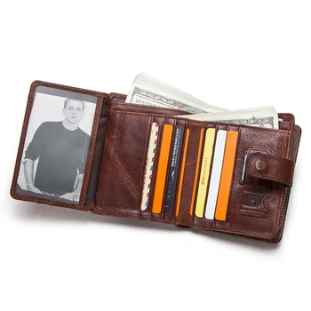 KONTAKTA Īstas Ādas RFID Vintage Maku Vīriešiem Ar Monētu Kabatā Īss Kabatas Mazu Rāvējslēdzēju Walet Ar Karšu Īpašniekiem Cilvēks Maku