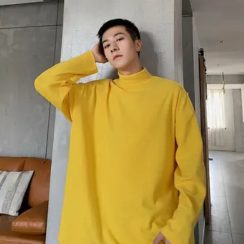 Korejas Augsta Kakla T-krekls Vīriešu Modes vienkrāsainu Kokvilnas Gadījuma T Krekls Vīriešiem Streetwear Zaudēt Rudenī garām piedurknēm T Mens