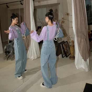 Korejas Augsts Viduklis Plats Kāju Džinsa Jumpsuits Sieviešu Spageti Siksna Vaļīga Gadījuma (Dungriņi) Vogue Streetwear Sieviešu Harajuku Kombinezonus