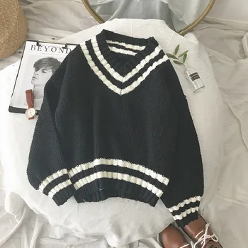 Korejas ziemas ulzzang Preppy Stils zaudēt V-veida kakla džemperis sieviešu rudens jaunas Harajuku stils bf zaudēt Pilnu Gadījuma 2018 džemperi