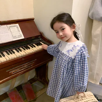 Korejiešu stilā Toddler Meitenes Gudrs Izšuvumi Navy apkakles Kokvilnas Pleds Kleita Ir 2021. Pavasarī Maz Princese ar garām Piedurknēm Puse Kleitas