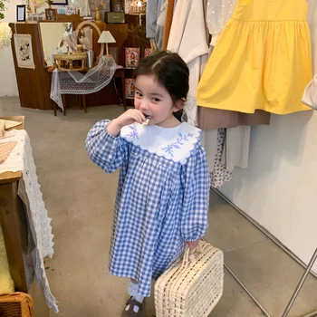 Korejiešu stilā Toddler Meitenes Gudrs Izšuvumi Navy apkakles Kokvilnas Pleds Kleita Ir 2021. Pavasarī Maz Princese ar garām Piedurknēm Puse Kleitas