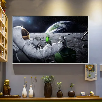 Kosmosā Astronauti Relaksējošu Alus Mēness Kanvas Glezna Plakāti un Izdrukas Sienas Art Attēlus Dzīvojamā Istaba Mājas Apdare