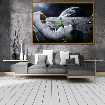 Kosmosā Astronauti Relaksējošu Alus Mēness Kanvas Glezna Plakāti un Izdrukas Sienas Art Attēlus Dzīvojamā Istaba Mājas Apdare