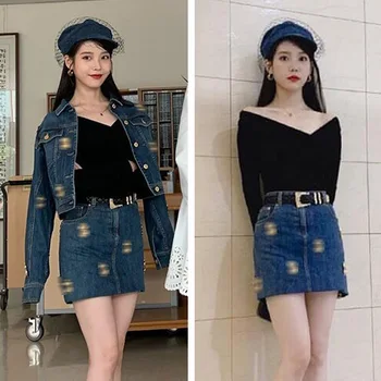 Kpop SV Ji Lee Eun pašas ielas modes Zilā krāsā ar garām piedurknēm džinsa jakas īss mētelis un seksīga soma hip mini svārki dāma Divu gabals, kas