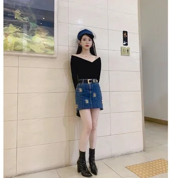 Kpop SV Ji Lee Eun pašas ielas modes Zilā krāsā ar garām piedurknēm džinsa jakas īss mētelis un seksīga soma hip mini svārki dāma Divu gabals, kas