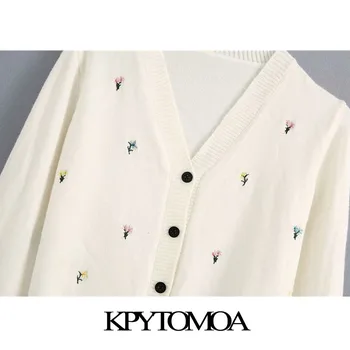 KPYTOMOA Sieviešu 2020. Gadam, Modes Ziedu Izšuvumu Novāktajiem Jaka Vintage Džemperis ar V veida Kakla garām Piedurknēm, Sieviešu Virsdrēbes Šiks Topi