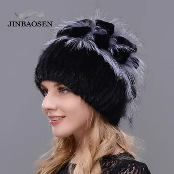 Krievijas kažokādas Sieviete ziemas modes nekustamā ūdeļu kažokādas cepure, vilnas slēpošanas truša dabas fox adīta cepure siltā ausu aizsardzības ceļojuma cepure
