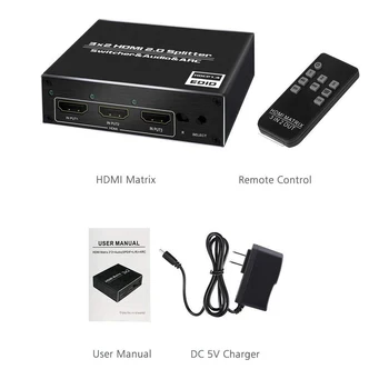 KuWFi 4K HDMI Splitter 60Hz Ultra HD 3X2 Matrix Komutatoru Switch R/L+LOKA 3 Porti, 2 Ieejas Ostā izejas ar INFRASARKANO staru Tālvadības HDCP1.4