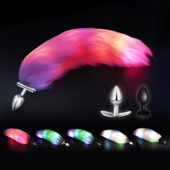 Kvēlojošs gaismas lapsu astes, Metāla, silikona anālais butt plug erotiska cosplay party spēle ielikt Tūpļa Seksa rotaļlietu pāris tērpu aksesuārus