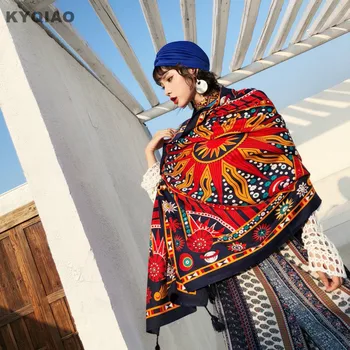 KYQIAO sieviešu vintage šalle sieviešu rudens ziemas Meksikas stilā etniskā dizains garā sarkanā dizainers modelis šalle neckerchief